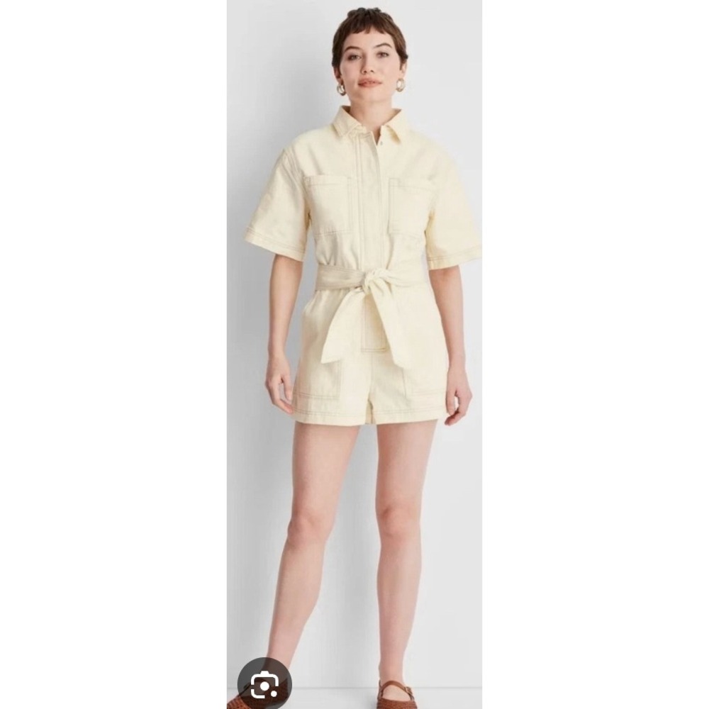 Future Collective Womens 3X Cream Utility Denim Romper Belted Short Sleeve NWT